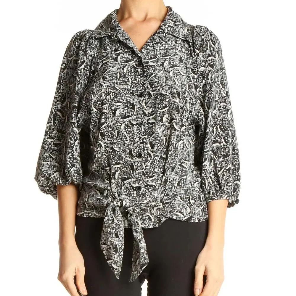 Maple Anthropologie 100% Silk Black White Print Tie Front Relaxed Fit Blouse